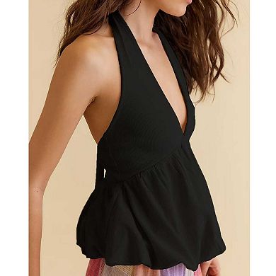 Women's Halter V Neck Bubble Hem Top, Sleeveless Flowy Casual Blouse