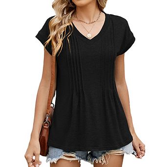 Women's V-Neck Pleated Front Short Sleeve Loose Fit T-Shirt Casual Swing Top
