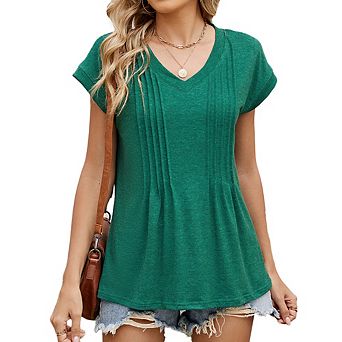 Women's V-Neck Pleated Front Short Sleeve Loose Fit T-Shirt Casual Swing Top