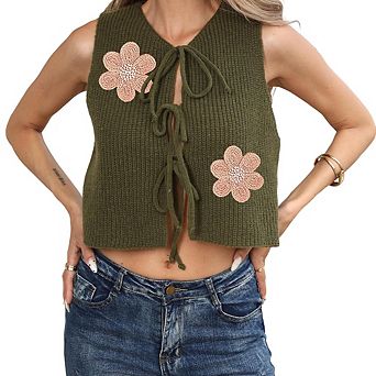 Women's Floral Applique Tie Front Sleeveless Knit Crop Vest Casual Crochet Top