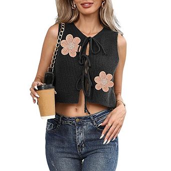 Women's Floral Applique Tie Front Sleeveless Knit Crop Vest Casual Crochet Top