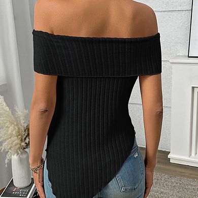 Women's Off Shoulder Twist Front Asymmetrical Hem Ribbed Top Bodycon Knit Top