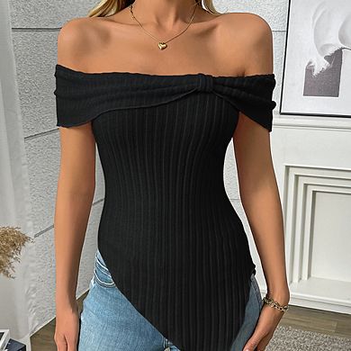 Women's Off Shoulder Twist Front Asymmetrical Hem Ribbed Top Bodycon Knit Top