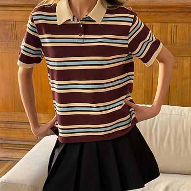 Women's Collared Striped Short Sleeve Polo Shirt Retro Striped Knit Top