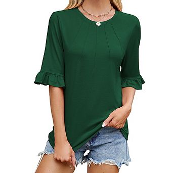 Women's Round Neck Pleated Elbow Sleeve Ruffle Cuff Top Casual Fitted Tee