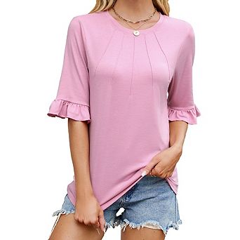 Women's Round Neck Pleated Elbow Sleeve Ruffle Cuff Top Casual Fitted Tee