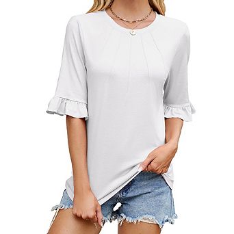 Women's Round Neck Pleated Elbow Sleeve Ruffle Cuff Top Casual Fitted Tee