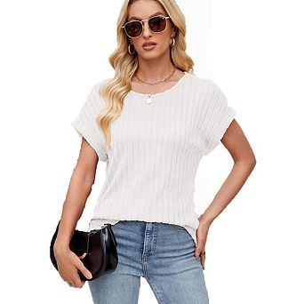 Women's Round Neck Ribbed Short Sleeve Loose Fit T-Shirt Casual Textured Top