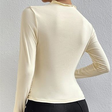 Women's Asymmetric Neck Ruched Side Long Sleeve Fitted Top Casual Bodycon Tee