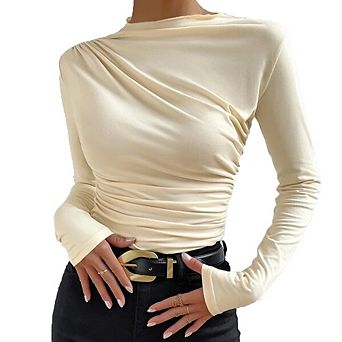 Women's Asymmetric Neck Ruched Side Long Sleeve Fitted Top Casual Bodycon Tee