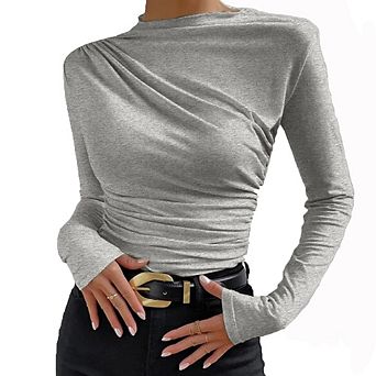 Women's Asymmetric Neck Ruched Side Long Sleeve Fitted Top Casual Bodycon Tee