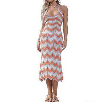 Women's Stripe Knit Maxi Dress Halter Backless Beach Dresses for Vacation