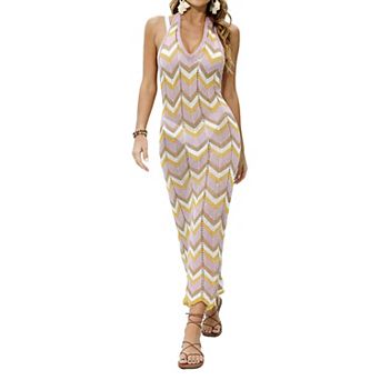 Women's Stripe Knit Maxi Dress Halter Backless Beach Dresses for Vacation