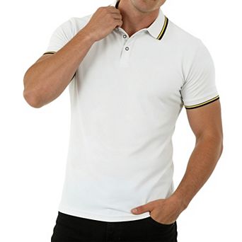 Men's Short Sleeve Polo Shirt Striped Collar Casual Breathable T Shirt for Summer