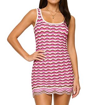 Women's Sleeveless Knit Stripe Mini Dress Sheer Crochet Beach Dresses for Swimwear