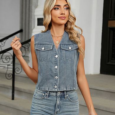 Women's V-Neck Sleeveless Denim Vest Button Down Pocketed Crop Waistcoat