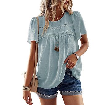 Women's Round Neck Lace Trim Swiss Dot Ruffled Blouse Casual Babydoll Top