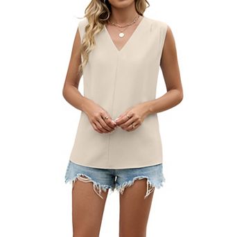 Women's V Neck Sleeveless Blouse Pleated Loose Fit Tank Top for Casual Work Summer