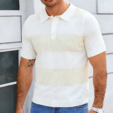 Men's Short Sleeve Knit Polo Shirt Striped Pullover Sweater Casual Top