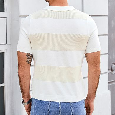 Men's Short Sleeve Knit Polo Shirt Striped Pullover Sweater Casual Top