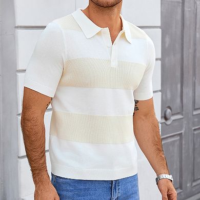 Men's Short Sleeve Knit Polo Shirt Striped Pullover Sweater Casual Top