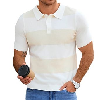 Men's Short Sleeve Knit Polo Shirt Striped Pullover Sweater Casual Top
