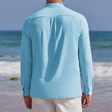 Men's Stand Collar Long Sleeve Shirt Casual Beach Tunic Top