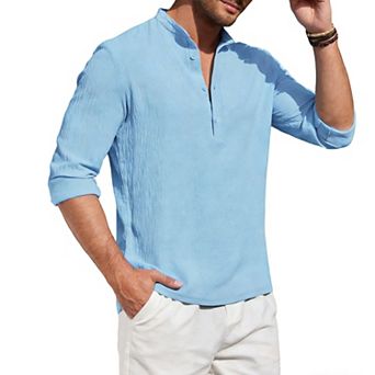 Men's Stand Collar Long Sleeve Shirt Casual Beach Tunic Top