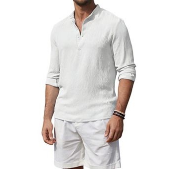 Men's Stand Collar Long Sleeve Shirt Casual Beach Tunic Top