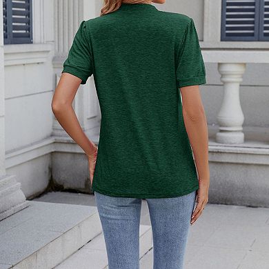 Women's Short Sleeve V Neck Pleated Top Casual Tunic Blouse for Summer