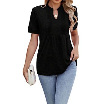 Women's Short Sleeve V Neck Pleated Top Casual Tunic Blouse for Summer
