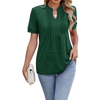 Women's Short Sleeve V Neck Pleated Top Casual Tunic Blouse for Summer