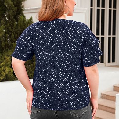 Polka Dot Double Ruffle Short Sleeve Top Round Neck Loose Fit Casual Blouse for Work & Daily