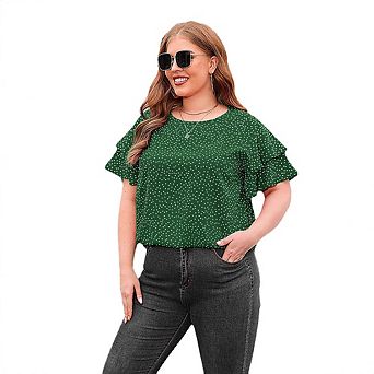 Polka Dot Double Ruffle Short Sleeve Top Round Neck Loose Fit Casual Blouse for Work & Daily
