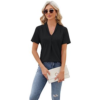 V Neck Hollow Out Short Sleeve Top Pleated Waist Minimalist Blouse for Office & Daily