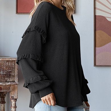 Ruffle Layered Long Sleeve Knit Sweater Round Neck Loose Fit Lazy Style Casual Pullover