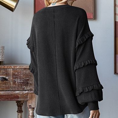 Ruffle Layered Long Sleeve Knit Sweater Round Neck Loose Fit Lazy Style Casual Pullover