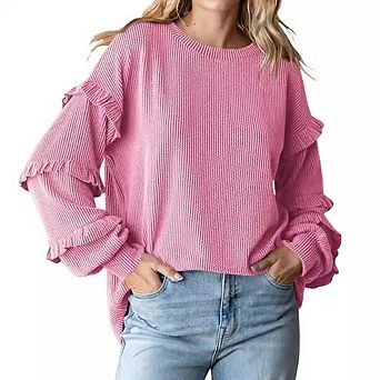 Ruffle Layered Long Sleeve Knit Sweater Round Neck Loose Fit Lazy Style Casual Pullover