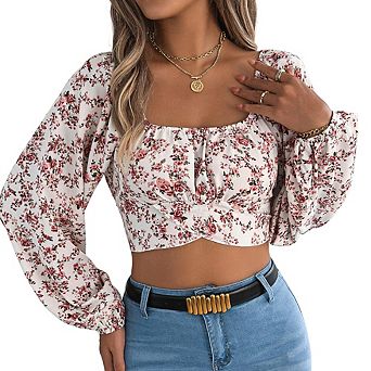 Square Neck Puff Sleeve Crop Top Ruched Waist Casual Versatile Blouse for Daily Wear