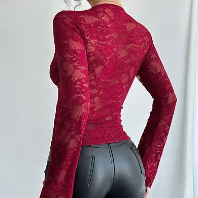 Deep V Lace Long Sleeve Top Scalloped Edge Waist Elegant Feminine Blouse