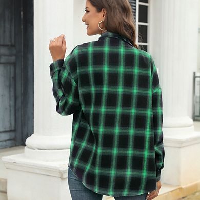 Plaid Button Down Long Sleeve Shirt Loose Pocket Design Casual Versatile Top
