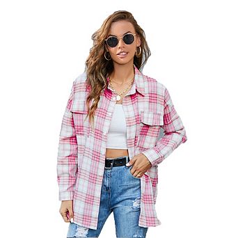 Plaid Button Down Long Sleeve Shirt Loose Pocket Design Casual Versatile Top