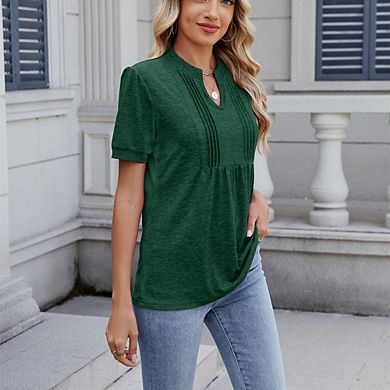V Notch Pleated Short Sleeve Top Loose Hem Design Casual Blouse for Work & Daily