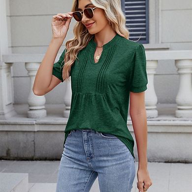 V Notch Pleated Short Sleeve Top Loose Hem Design Casual Blouse for Work & Daily