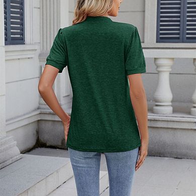 V Notch Pleated Short Sleeve Top Loose Hem Design Casual Blouse for Work & Daily