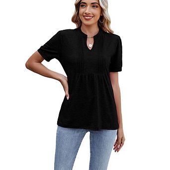 V Notch Pleated Short Sleeve Top Loose Hem Design Casual Blouse for Work & Daily