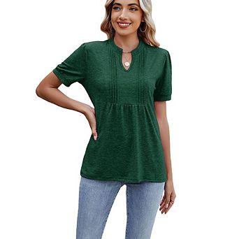 V Notch Pleated Short Sleeve Top Loose Hem Design Casual Blouse for Work & Daily