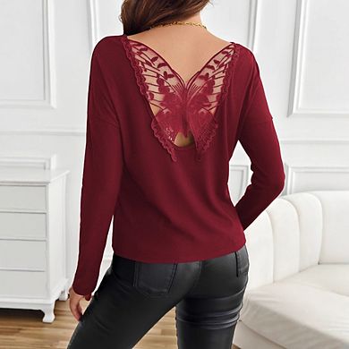 Round Neck Long Sleeve Ribbed Knit Top Loose Drop Shoulder Basic Versatile Pullover