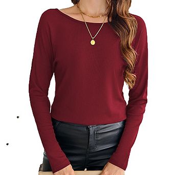 Round Neck Long Sleeve Ribbed Knit Top Loose Drop Shoulder Basic Versatile Pullover
