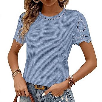 Round Neck Hollow Out Lace Short Sleeve Top Textured Fabric Sweet Casual Blouse